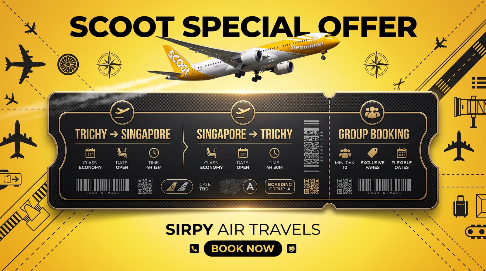 Scoot Special Offer boarding pass — Trichy to Singapore and Singapore to Trichy economy fares plus group booking from 10 passengers.
